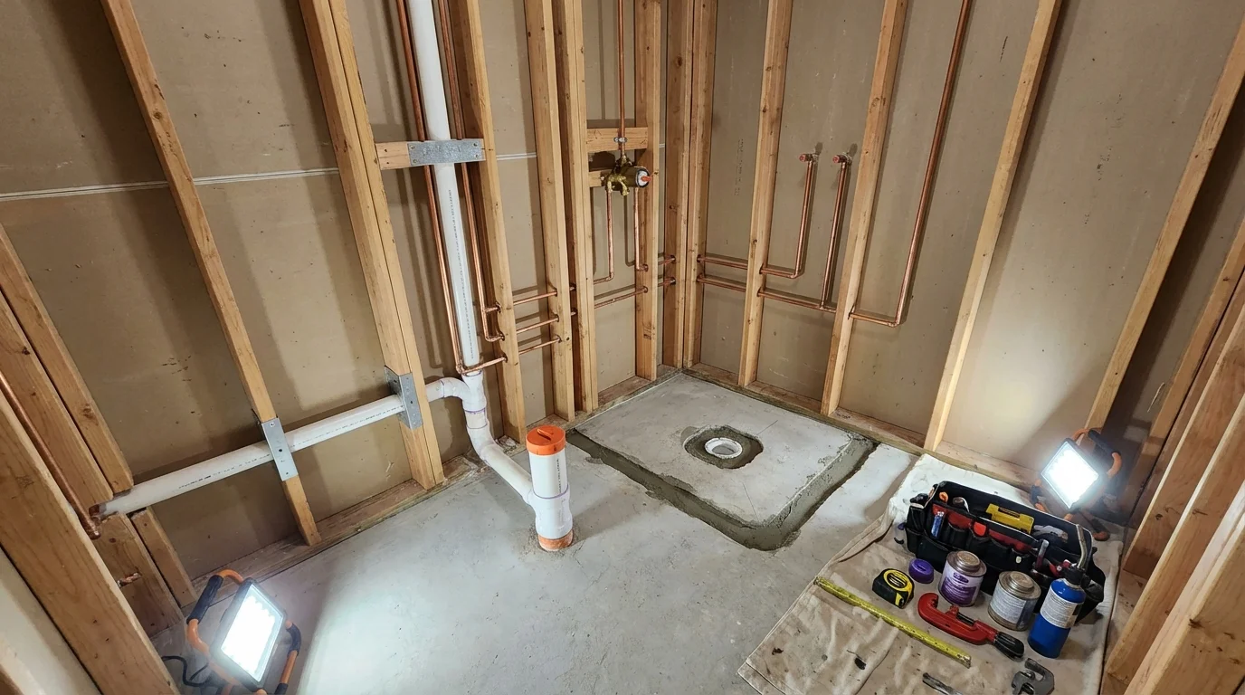 Bathroom rough-in plumbing during remodel by Johns Plumbing LLC in Harrisville