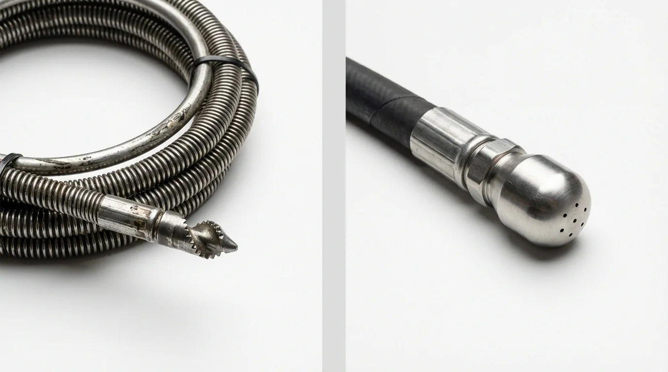 Drain snake cable and hydro jetting nozzle used for drain cleaning in Harrisville, WV
