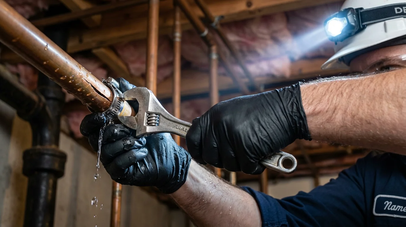 Emergency pipe clamp repair being performed by a Johns Plumbing LLC plumber in Harrisville