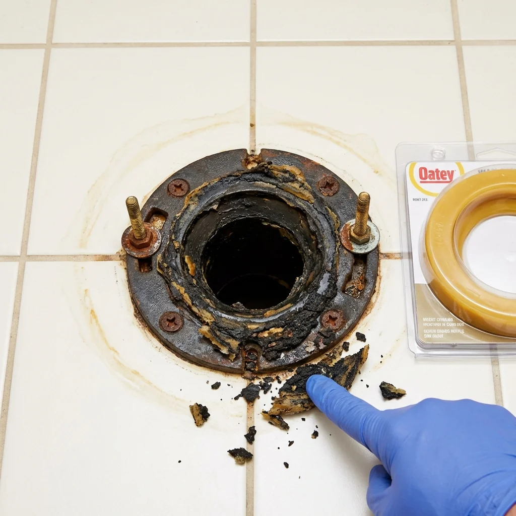 Failed wax ring showing water seepage at the base of a toilet in a Harrisville, WV home