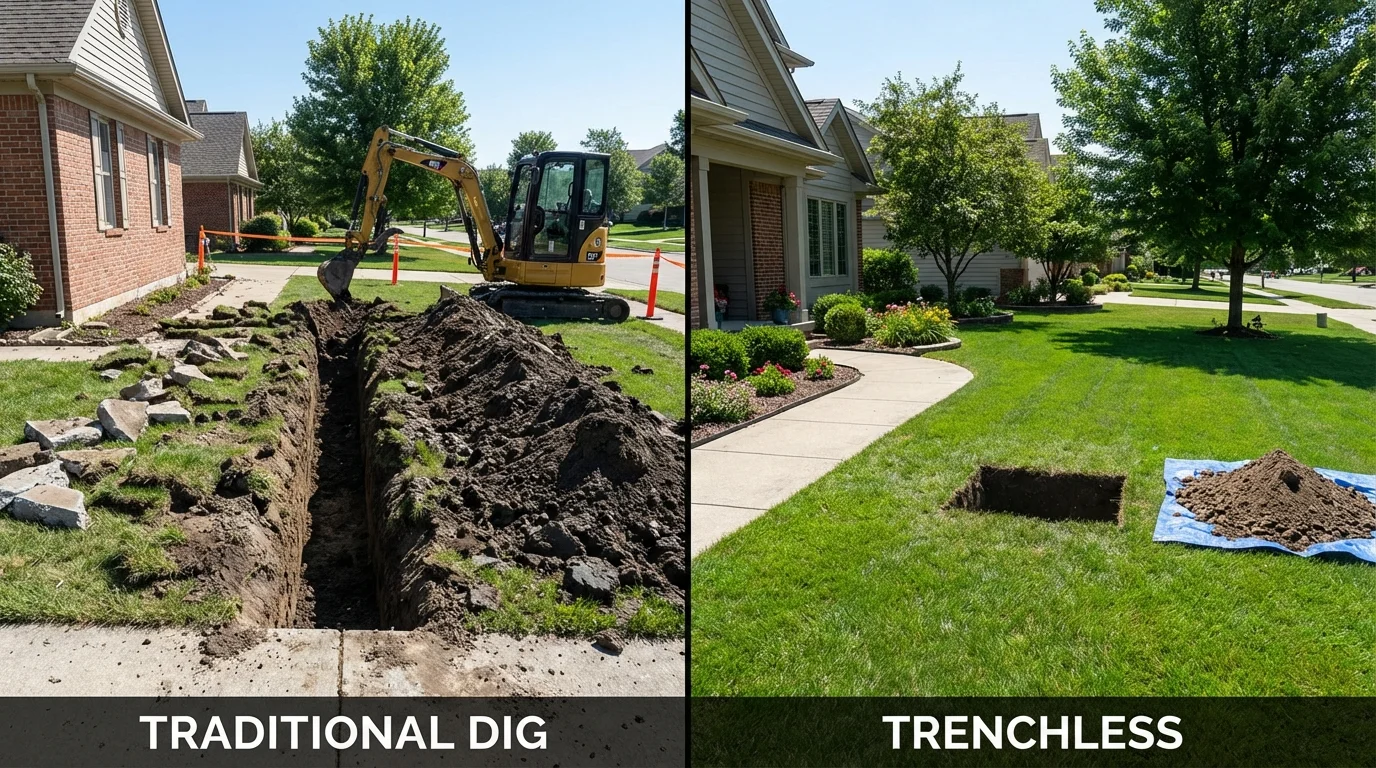 Trenchless sewer repair with minimal yard damage versus traditional excavation in Harrisville, WV