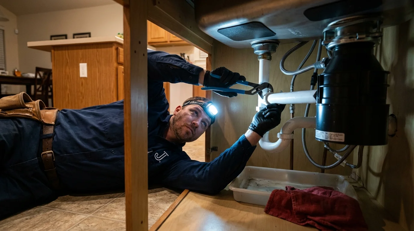 P-trap and supply line connections under a kitchen sink showing a common leak point in Harrisville, WV
